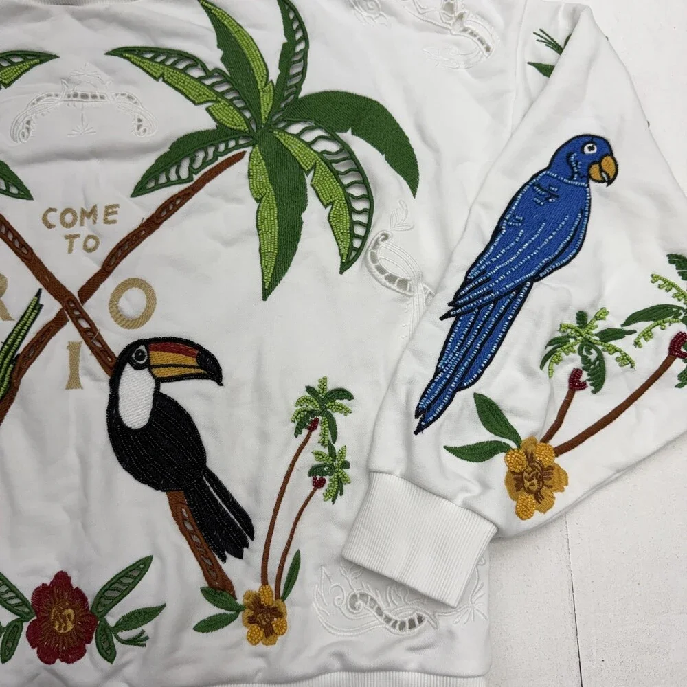 Farm Rio Sweatshirt Womens Large Multicolor Tropical Birds Beaded Embroidered